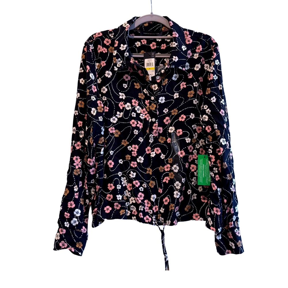 Tommy Hilfiger Asheville Navy Floral Button Up Shirt Drawstring Hem Women Medium